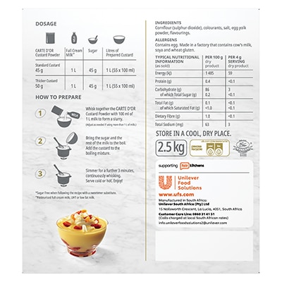 CARTE D'OR Custard Powder - 2.5 Kg - Carte D’Or Custard Powder is made in 3 steps, and delivers great colour, taste and a high yield at a low cost.